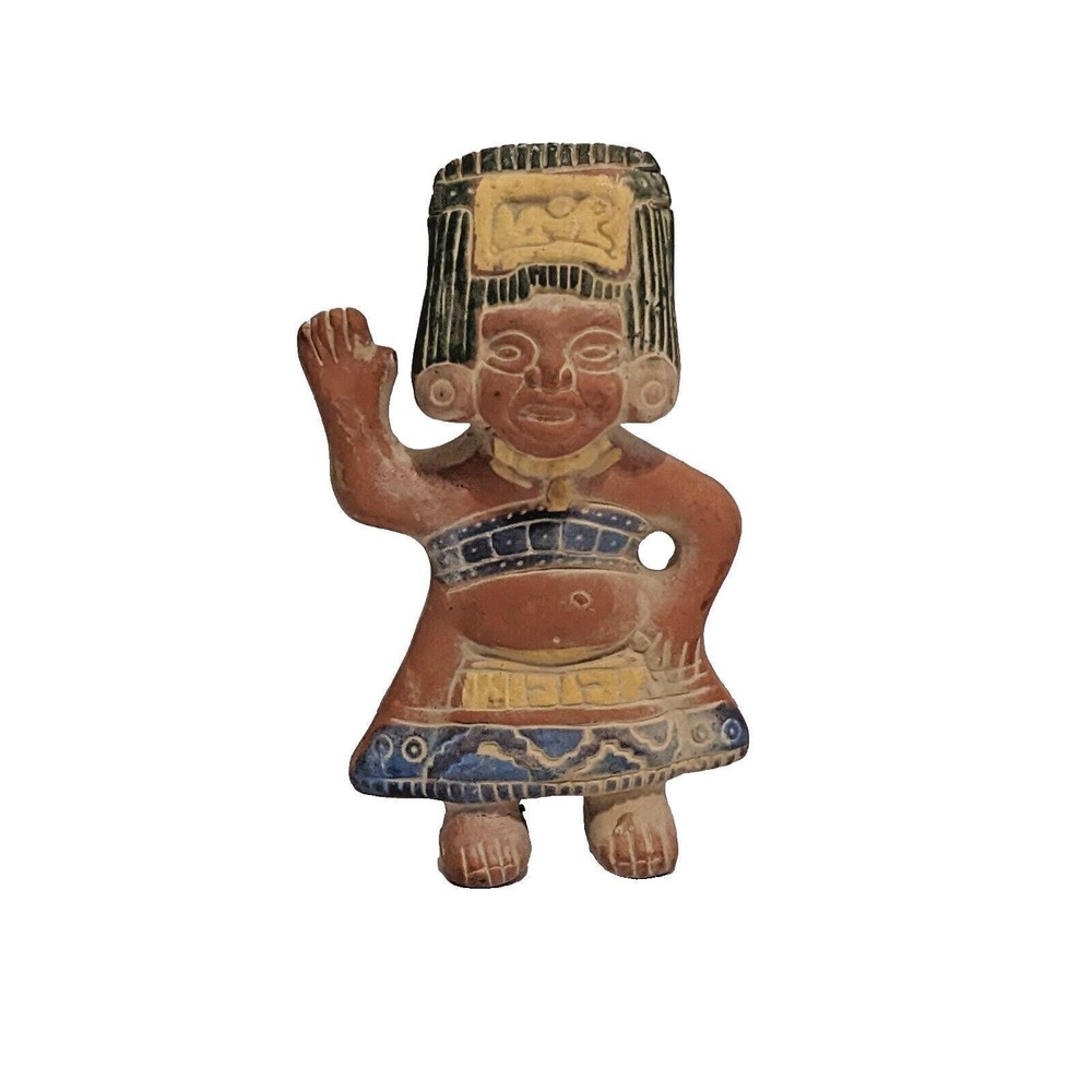 Vintage Mayan Deity Mexican Terracotta Clay Idol Figurine Painted Folk Art Decor